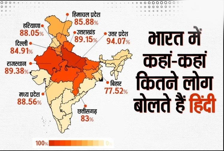 हिंदी बोलने वाले 90 फीसदी से ज्यादा लोग 12 राज्यों से, बाकी राज्यों में सिर्फ इतनी आबादी की भाषा है हिंदी