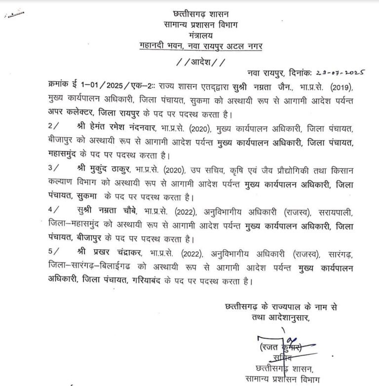 CG BREAKING : आईएएस अधिकारियों के तबादले, देखें किन्हे कहां मिली नई जिम्मेदारी